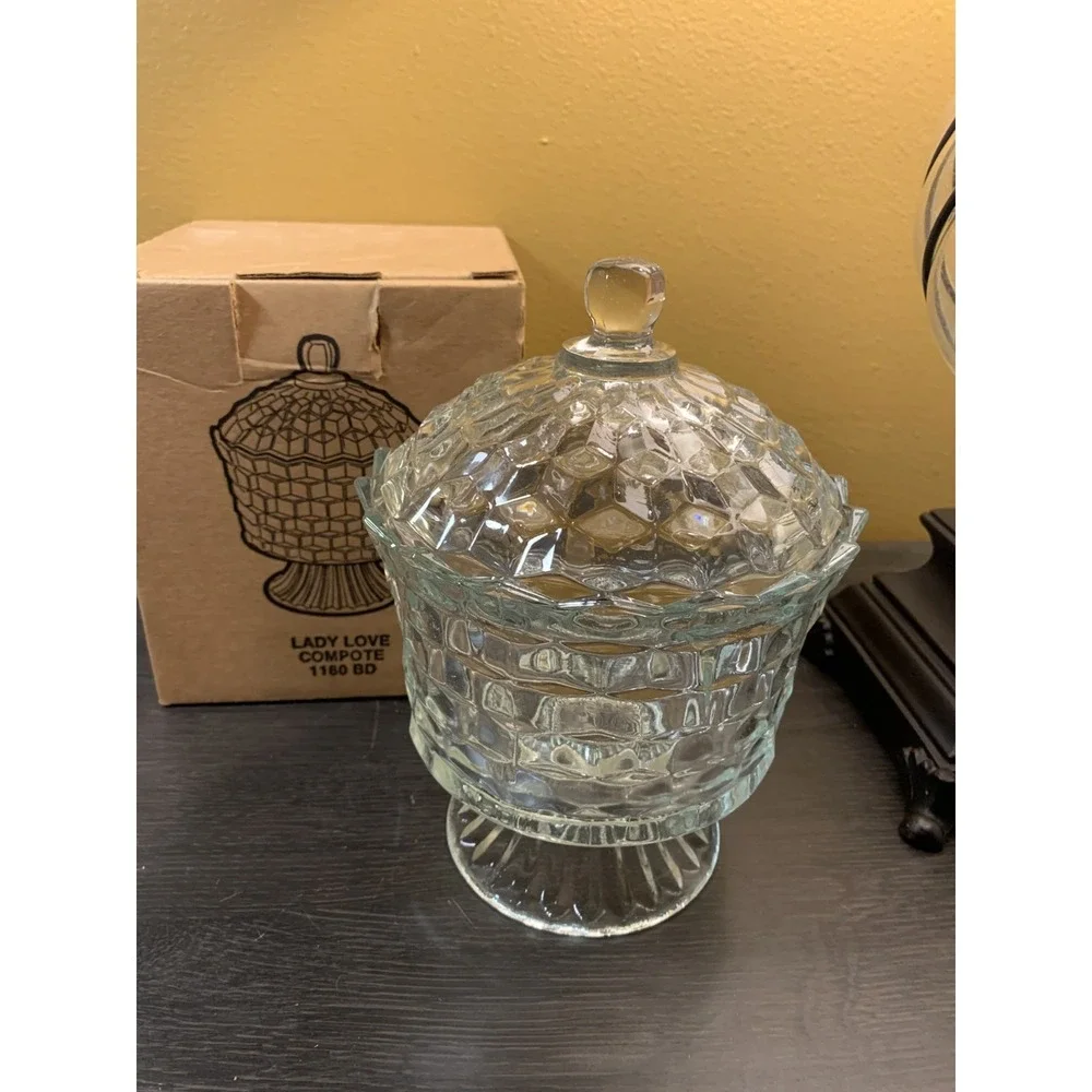 Vintage Homco Lady Love Compote Clear Glass Covered Candy‎ Dish 8